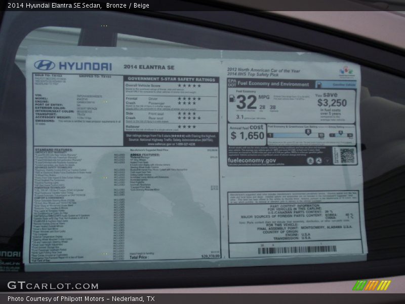 Bronze / Beige 2014 Hyundai Elantra SE Sedan