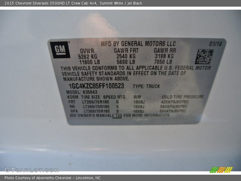Info Tag of 2015 Silverado 3500HD LT Crew Cab 4x4
