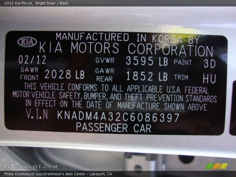Bright Silver / Black 2012 Kia Rio LX