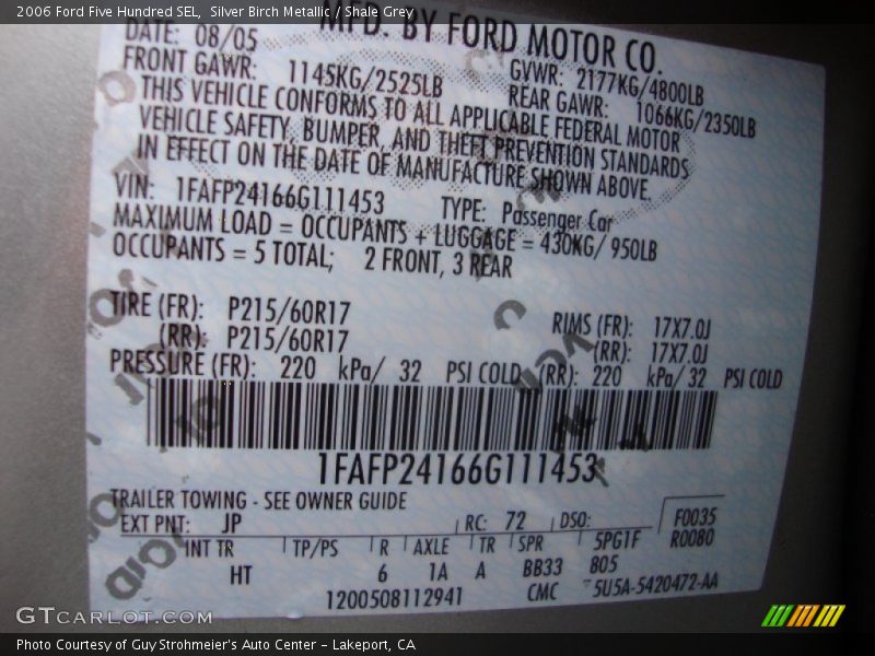 2006 Five Hundred SEL Silver Birch Metallic Color Code JP