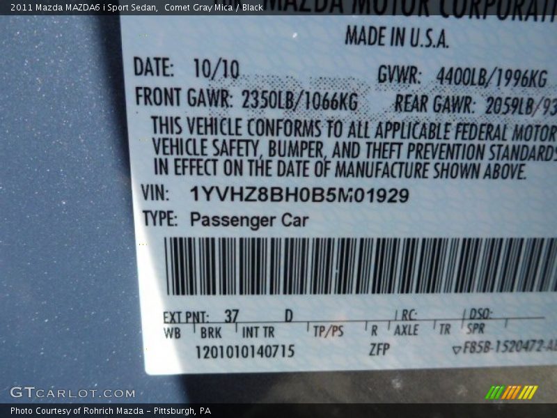 Comet Gray Mica / Black 2011 Mazda MAZDA6 i Sport Sedan