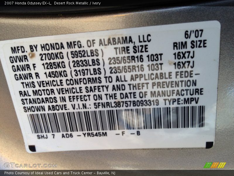Desert Rock Metallic / Ivory 2007 Honda Odyssey EX-L