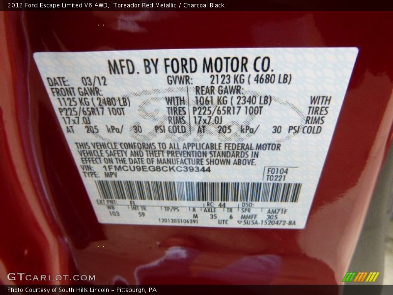 Toreador Red Metallic / Charcoal Black 2012 Ford Escape Limited V6 4WD