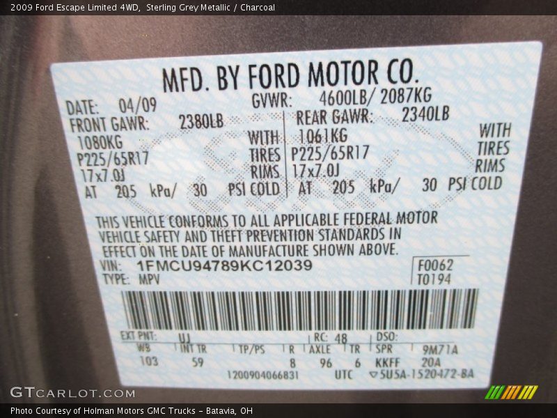 Sterling Grey Metallic / Charcoal 2009 Ford Escape Limited 4WD