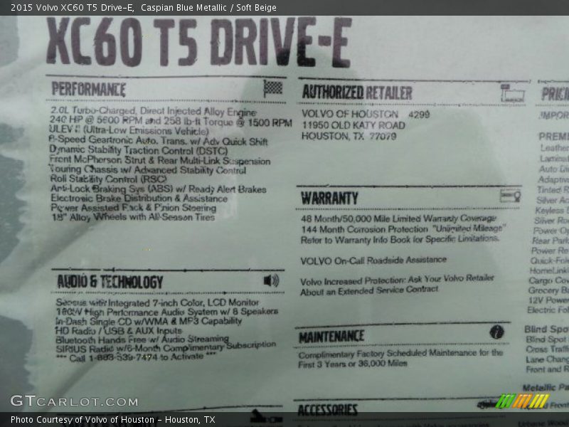  2015 XC60 T5 Drive-E Window Sticker