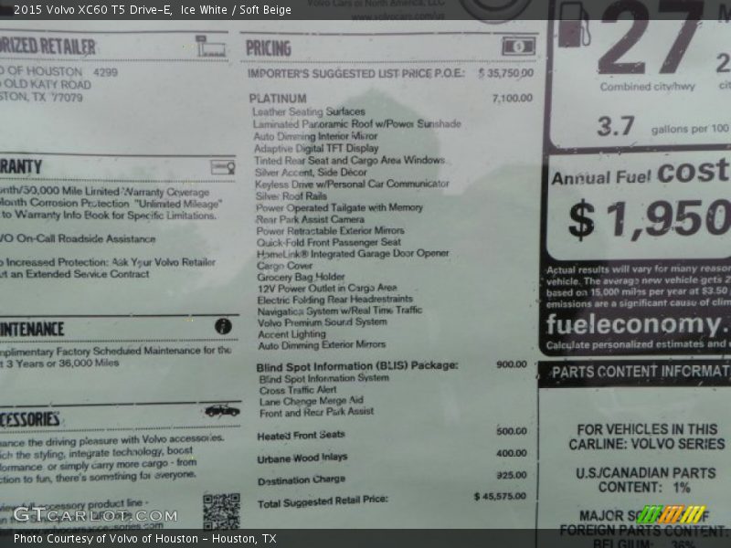  2015 XC60 T5 Drive-E Window Sticker