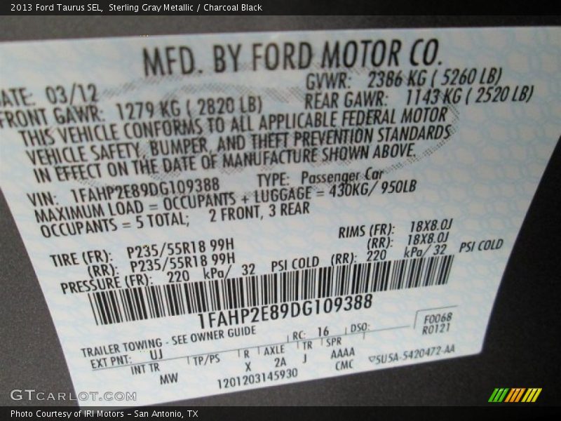 Sterling Gray Metallic / Charcoal Black 2013 Ford Taurus SEL