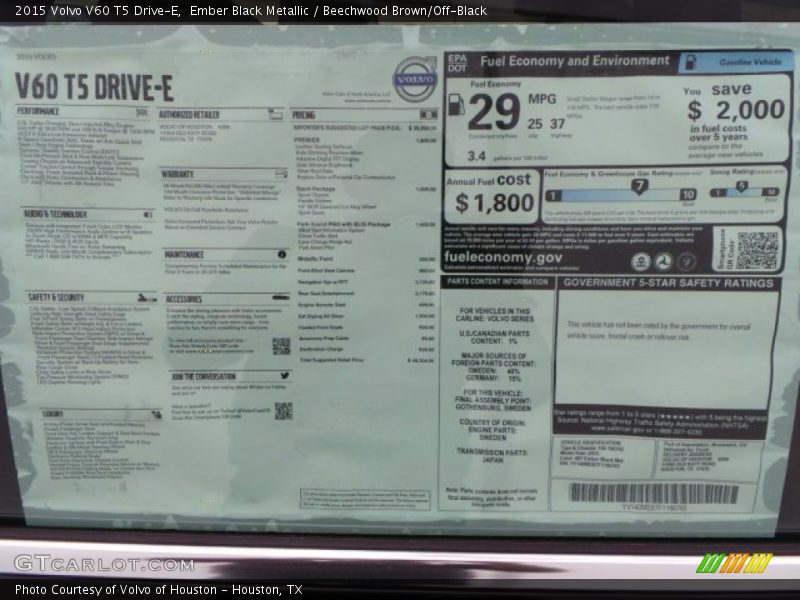  2015 V60 T5 Drive-E Window Sticker