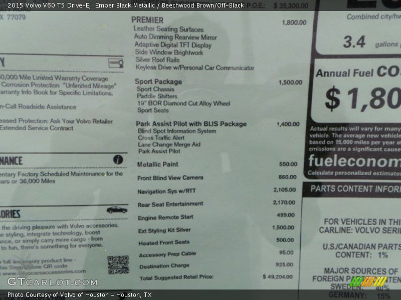 Ember Black Metallic / Beechwood Brown/Off-Black 2015 Volvo V60 T5 Drive-E