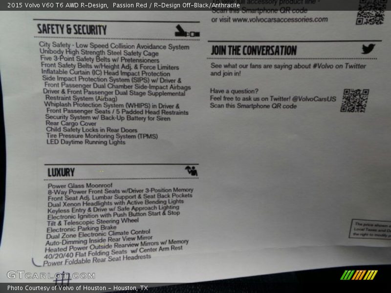  2015 V60 T6 AWD R-Design Window Sticker