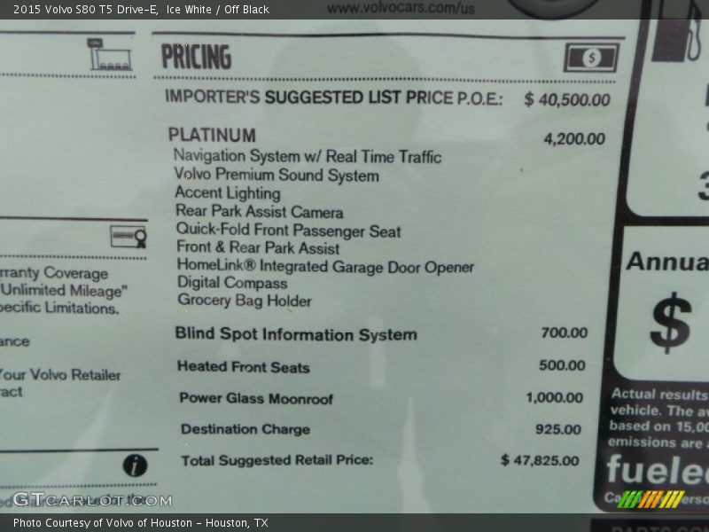  2015 S80 T5 Drive-E Window Sticker