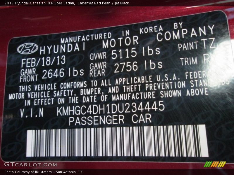 Cabernet Red Pearl / Jet Black 2013 Hyundai Genesis 5.0 R Spec Sedan