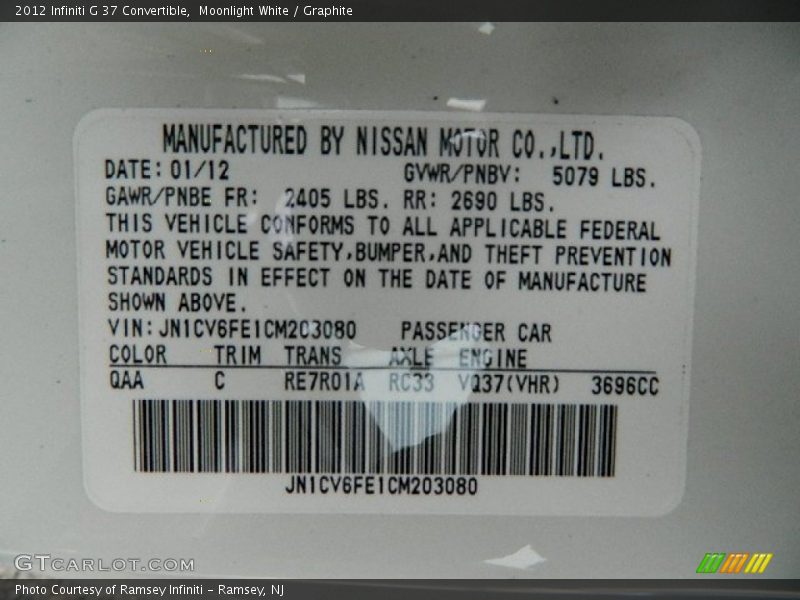 Moonlight White / Graphite 2012 Infiniti G 37 Convertible