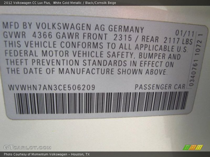 White Gold Metallic / Black/Cornsilk Beige 2012 Volkswagen CC Lux Plus
