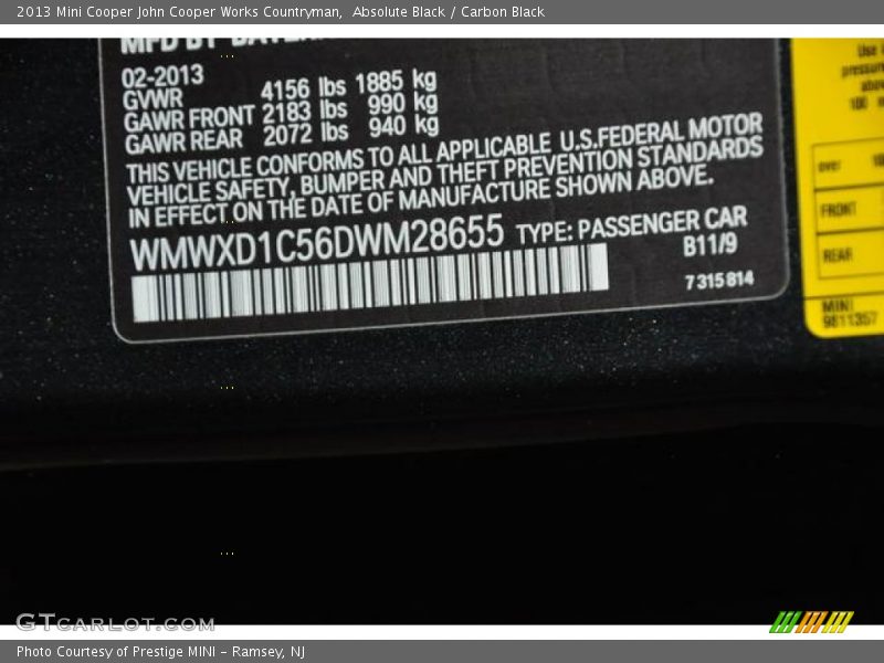 2013 Cooper John Cooper Works Countryman Absolute Black Color Code B11