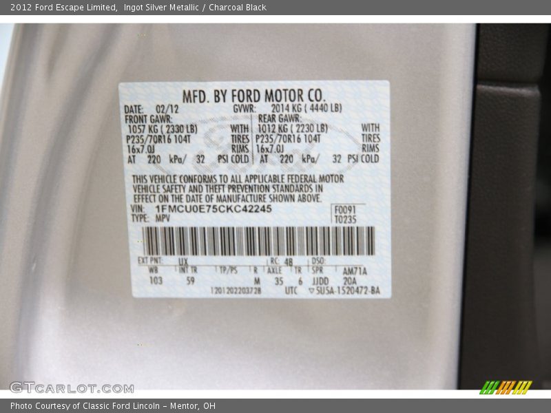 Ingot Silver Metallic / Charcoal Black 2012 Ford Escape Limited