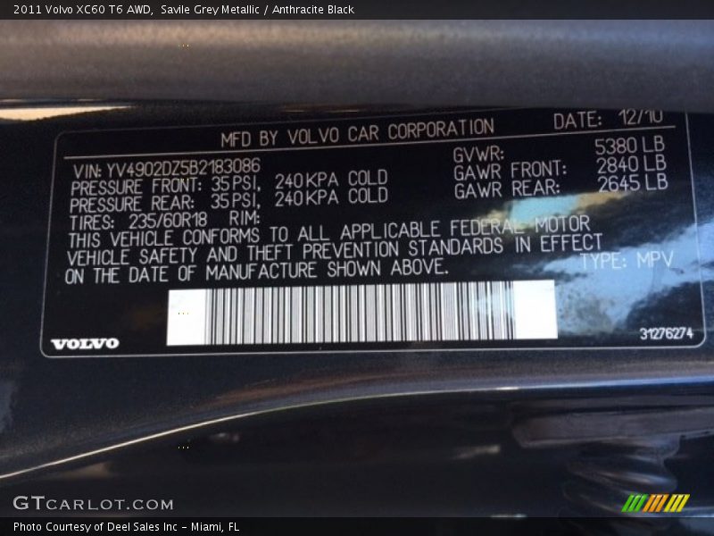 Savile Grey Metallic / Anthracite Black 2011 Volvo XC60 T6 AWD