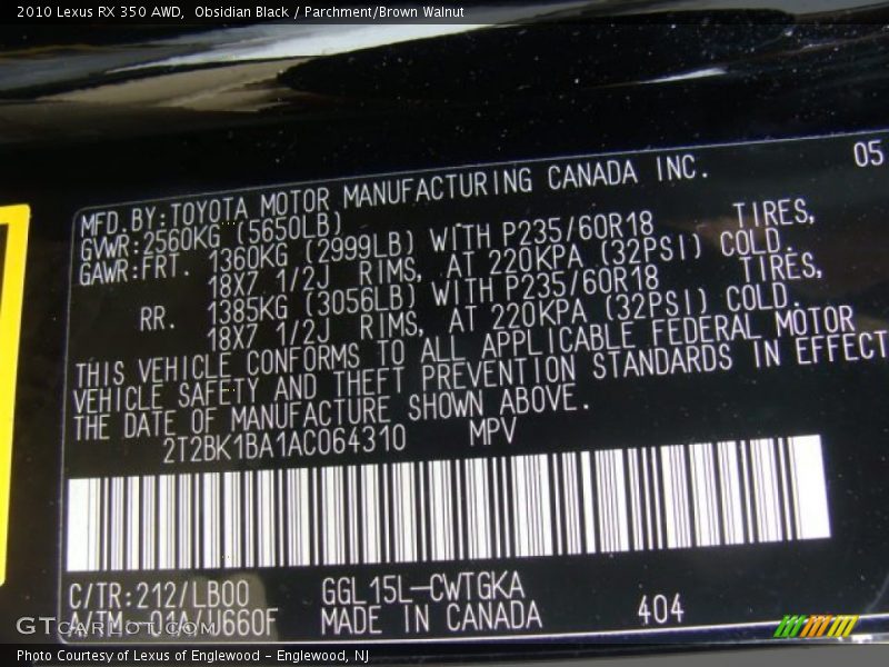 Obsidian Black / Parchment/Brown Walnut 2010 Lexus RX 350 AWD