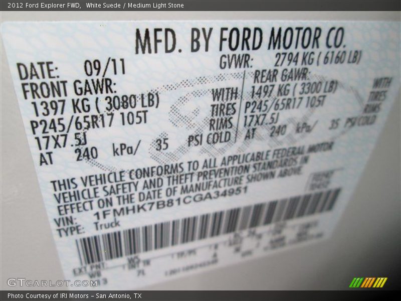 White Suede / Medium Light Stone 2012 Ford Explorer FWD