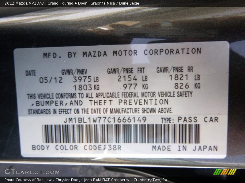 2012 MAZDA3 i Grand Touring 4 Door Graphite Mica Color Code 38R