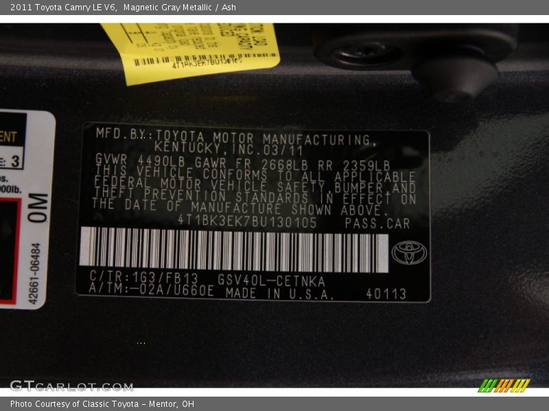 Magnetic Gray Metallic / Ash 2011 Toyota Camry LE V6