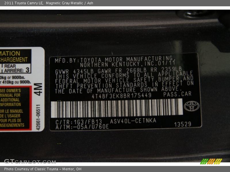Magnetic Gray Metallic / Ash 2011 Toyota Camry LE