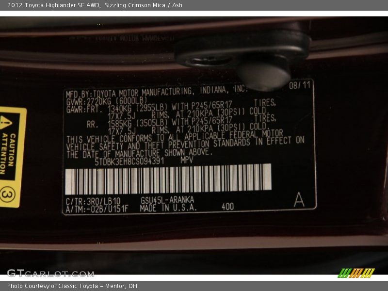 Sizzling Crimson Mica / Ash 2012 Toyota Highlander SE 4WD