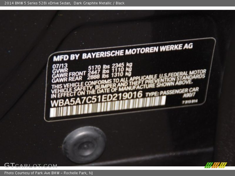 2014 5 Series 528i xDrive Sedan Dark Graphite Metallic Color Code A90