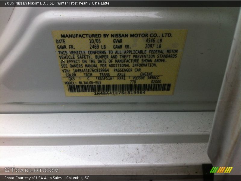 Winter Frost Pearl / Cafe Latte 2006 Nissan Maxima 3.5 SL