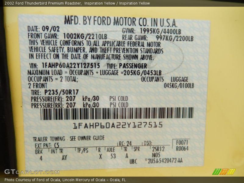 2002 Thunderbird Premium Roadster Inspiration Yellow Color Code C5