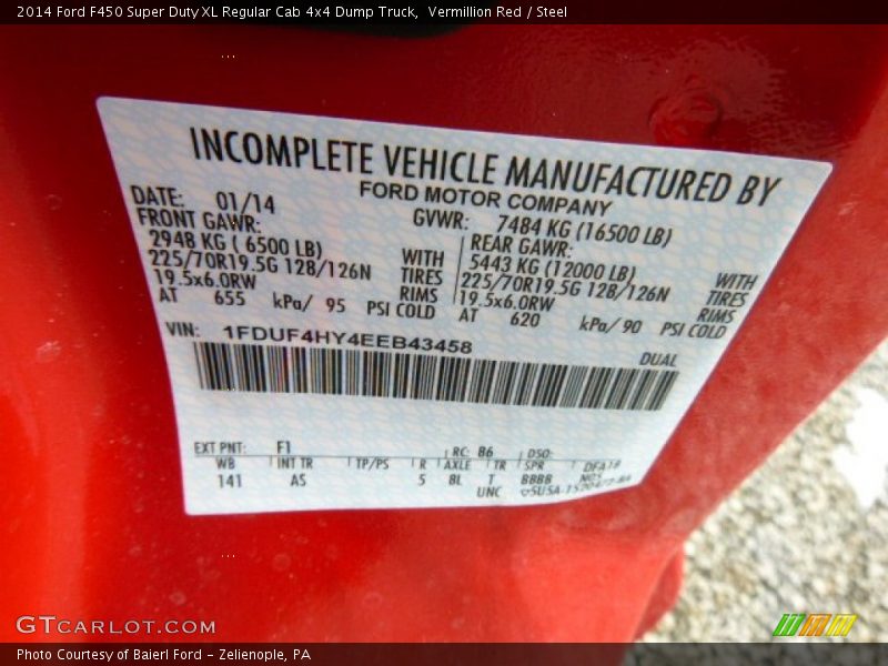 Vermillion Red / Steel 2014 Ford F450 Super Duty XL Regular Cab 4x4 Dump Truck
