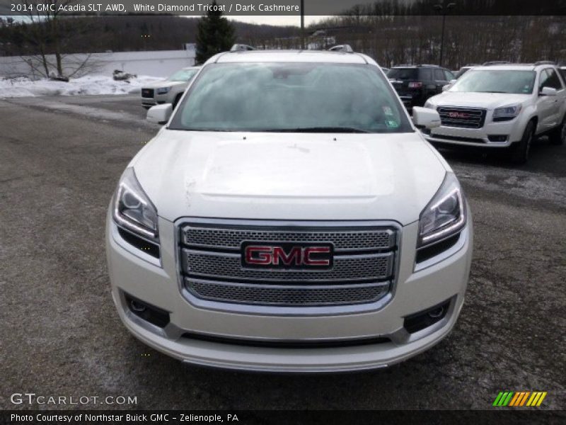 White Diamond Tricoat / Dark Cashmere 2014 GMC Acadia SLT AWD