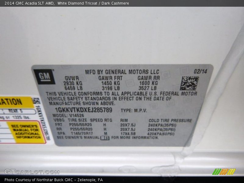 White Diamond Tricoat / Dark Cashmere 2014 GMC Acadia SLT AWD