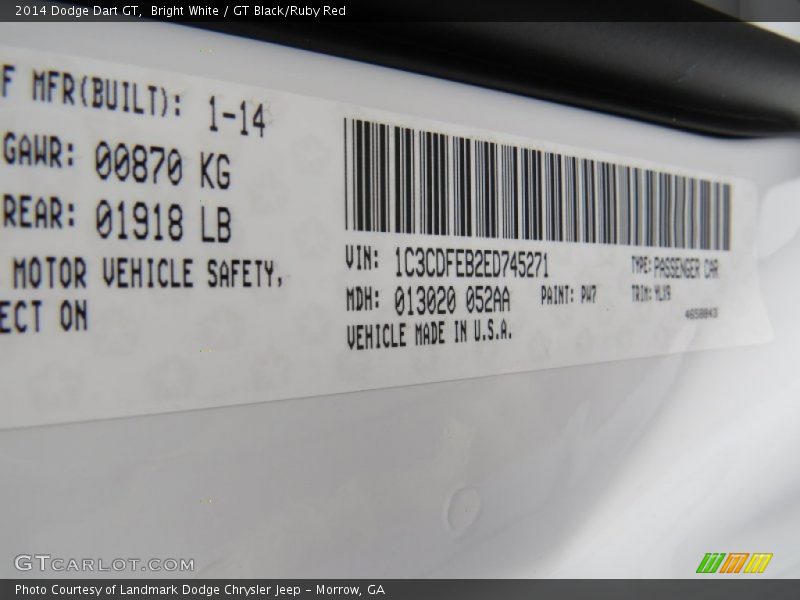 2014 Dart GT Bright White Color Code PW7