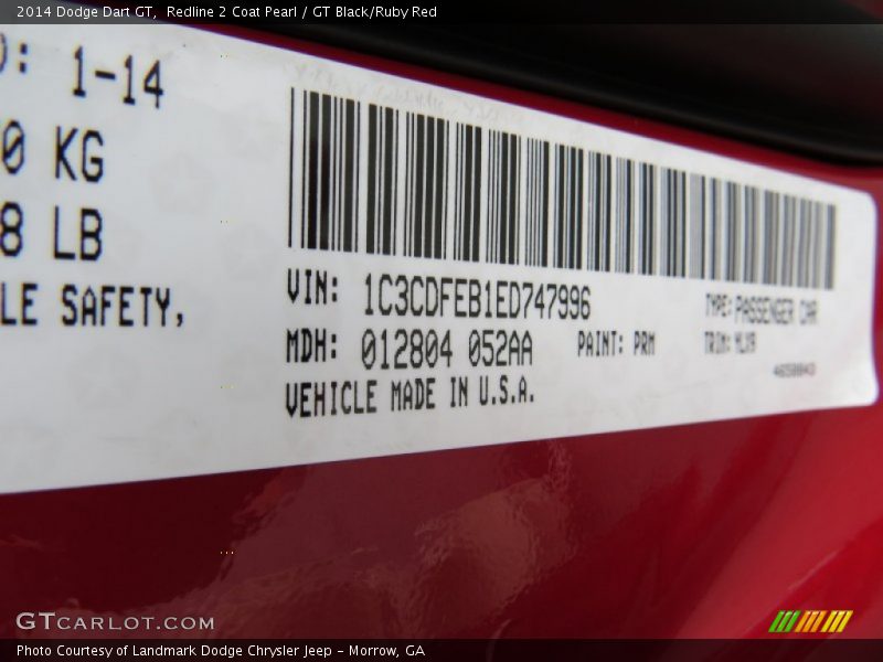 2014 Dart GT Redline 2 Coat Pearl Color Code PRM
