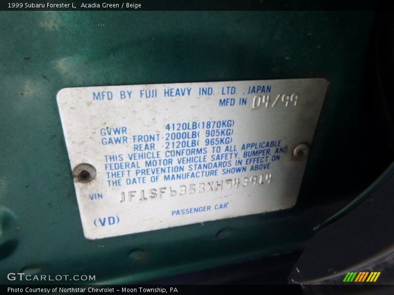 Acadia Green / Beige 1999 Subaru Forester L