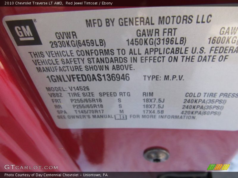 Red Jewel Tintcoat / Ebony 2010 Chevrolet Traverse LT AWD