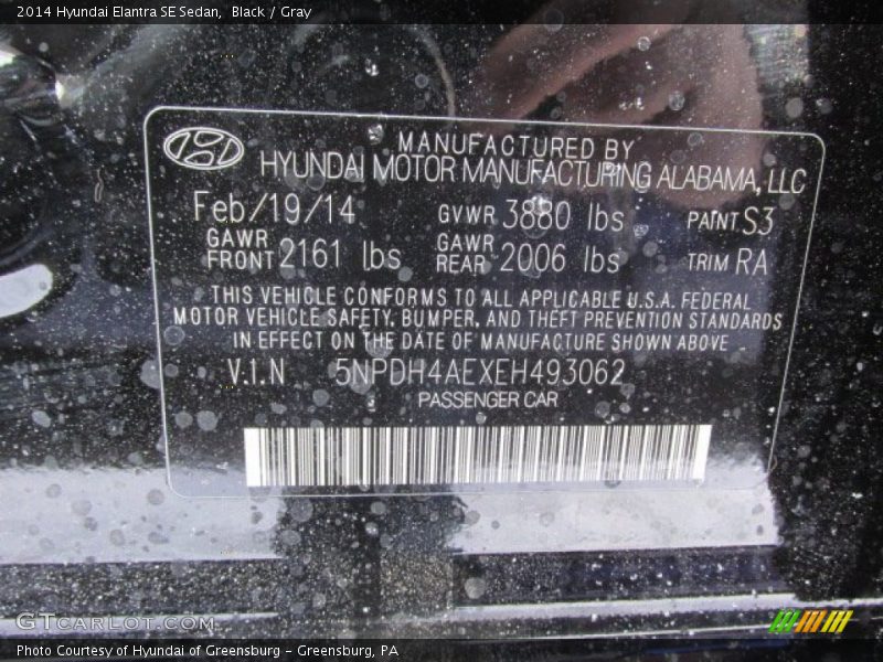 Black / Gray 2014 Hyundai Elantra SE Sedan