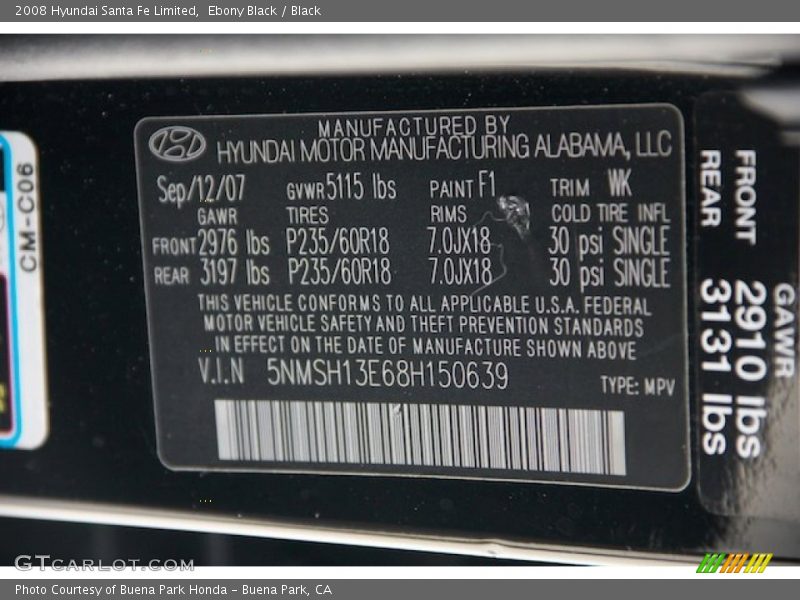 Ebony Black / Black 2008 Hyundai Santa Fe Limited