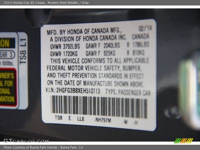 Modern Steel Metallic / Gray 2014 Honda Civic EX Coupe