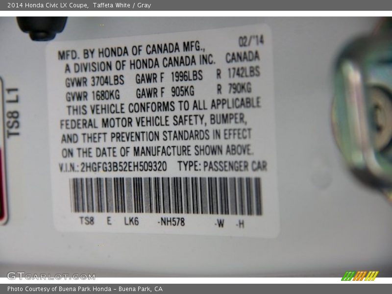 Taffeta White / Gray 2014 Honda Civic LX Coupe