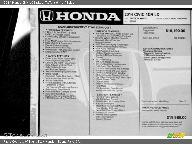 Taffeta White / Beige 2014 Honda Civic LX Sedan