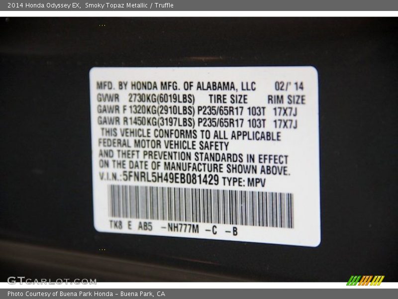 Smoky Topaz Metallic / Truffle 2014 Honda Odyssey EX