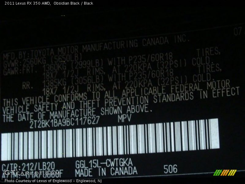 Obsidian Black / Black 2011 Lexus RX 350 AWD