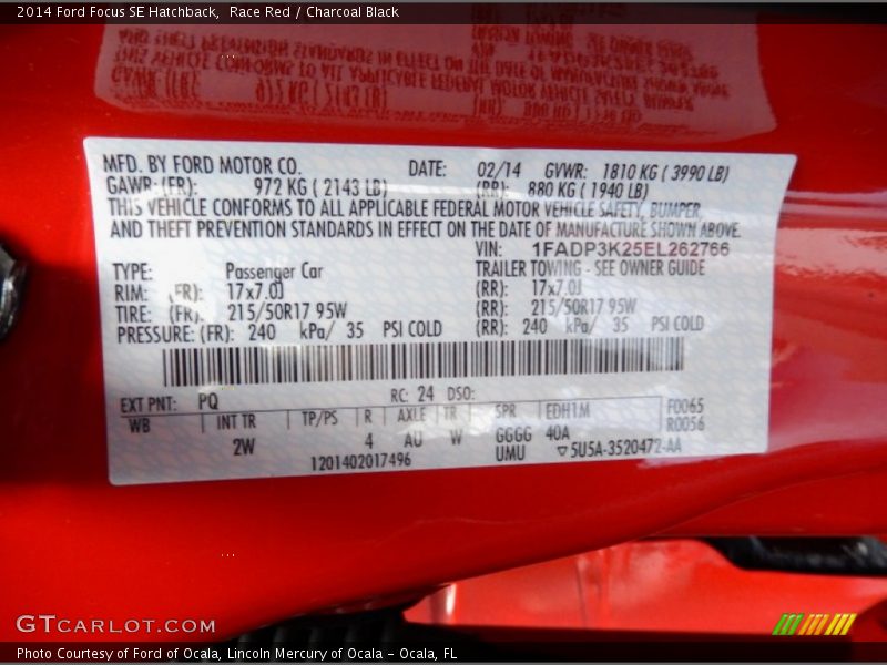 2014 Focus SE Hatchback Race Red Color Code PQ