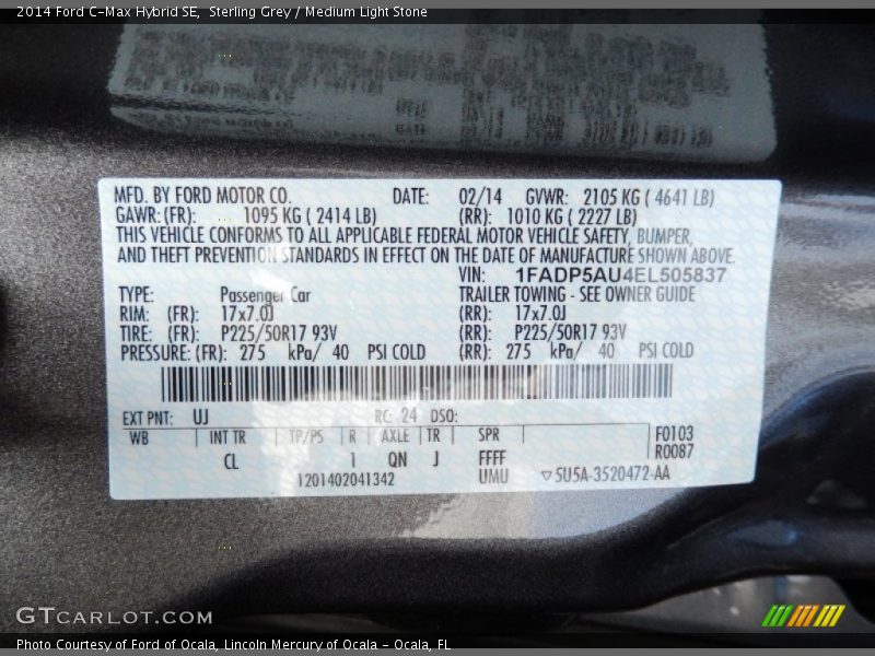 2014 C-Max Hybrid SE Sterling Grey Color Code UJ