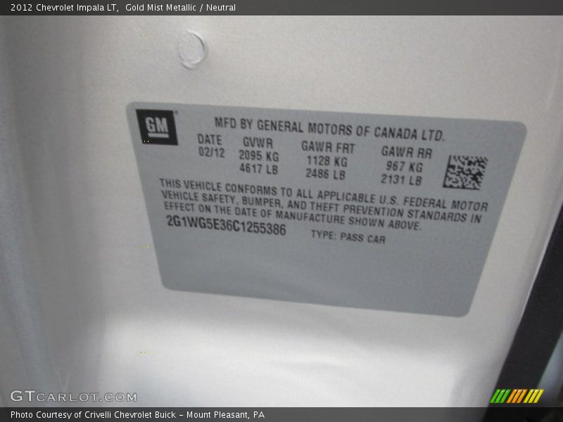 Gold Mist Metallic / Neutral 2012 Chevrolet Impala LT