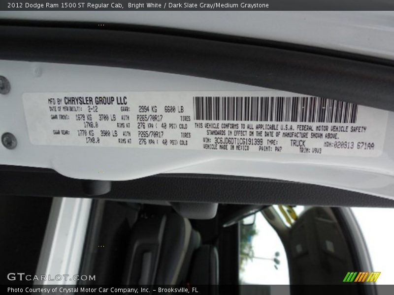 Bright White / Dark Slate Gray/Medium Graystone 2012 Dodge Ram 1500 ST Regular Cab