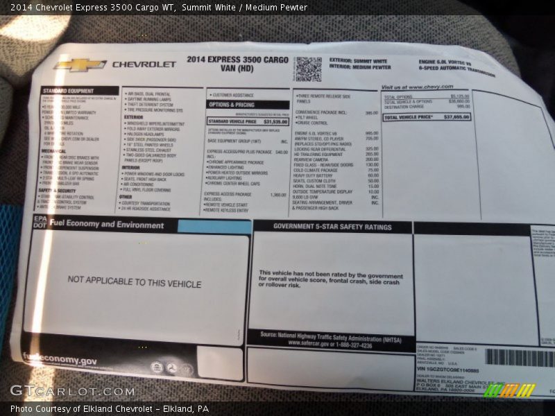  2014 Express 3500 Cargo WT Window Sticker