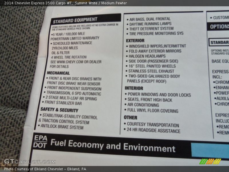  2014 Express 3500 Cargo WT Window Sticker